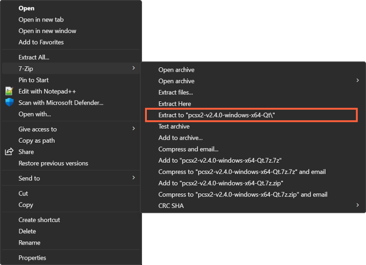 The 7-Zip submenu in the Windows 11 right-click menu. Highlighted is the option Extract to pcsx2-v2.4.0-windows-x64-Qt\.