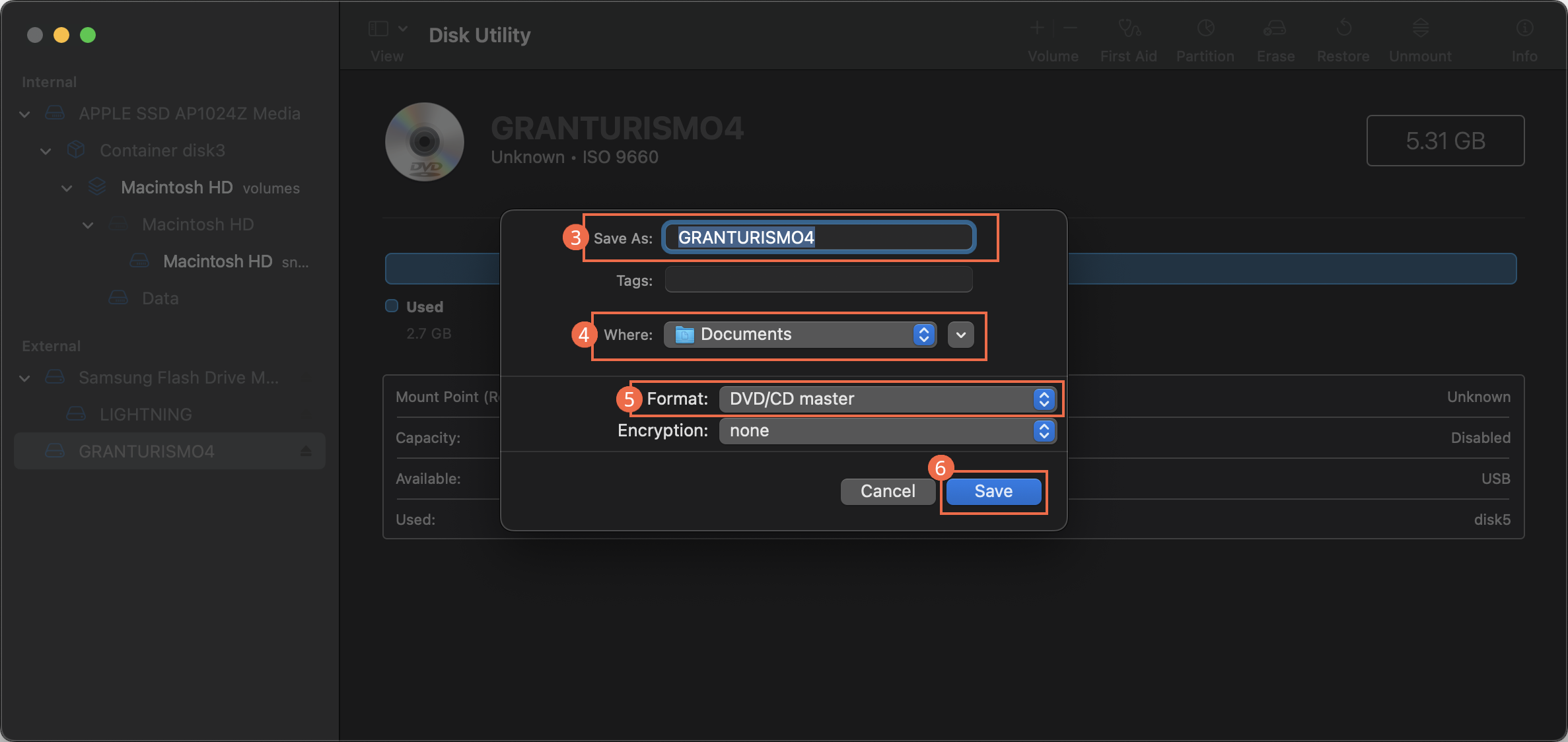 A Disk Utility window has fields which can be filled out to provide parameters for a disc dump. From top to bottom, they are: Save As, which contains the file name GRANTURISMO4 (step 3); a Tags field, which is left blank; a Where field, whose selection is the Documents folder (step 4); a Format field, whose selection is DVD/CD master (step 5), and an Encryption field which is set to none. At the bottom-right of the window, there is a Cancel button on the left and, highlighted, a Save button on the right (step 6).