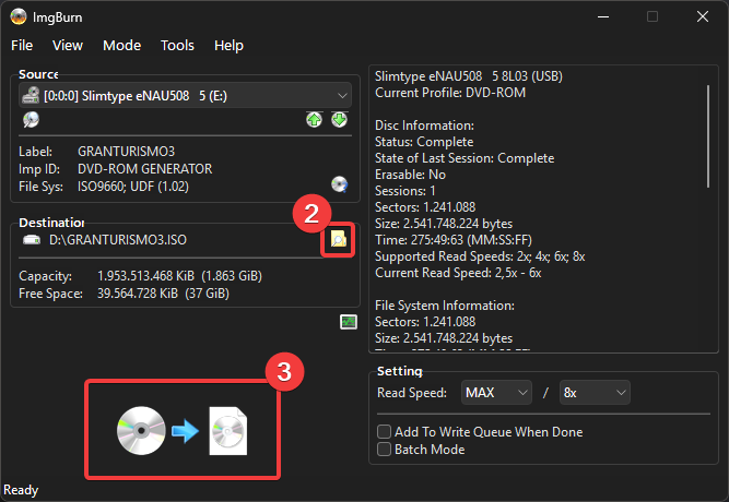 Near the middle of the ImgBurn Window is a folder icon with a magnifying glass, representing a search function for the destination folder (step 2). At the bottom of the window is a clickable icon of a disc pointing to a disc file, which starts the disc dumping process (step 3). The source drive is displayed at the top left of the window. Metadata about the dump and a few settings occupy the right side of the window.