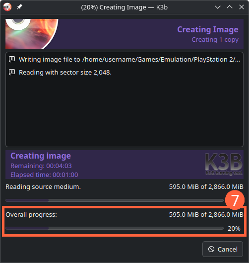 A small window in K3b called Creating Image which shows the directory being written into, the sector size, an estimated time remaining and elapsed time, and two progress bars for the source medium and overall progress (step 7). There is a cancel button in the bottom-right of the window.